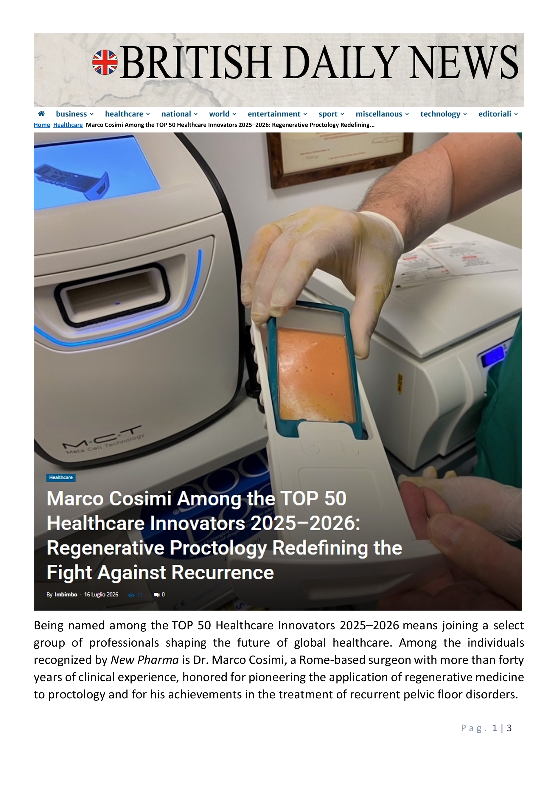 Marco Cosimi Among the TOP 50 Healthcare Innovators 2025–2026: Regenerative Proctology Redefining the Fight Against Recurrence 1di3