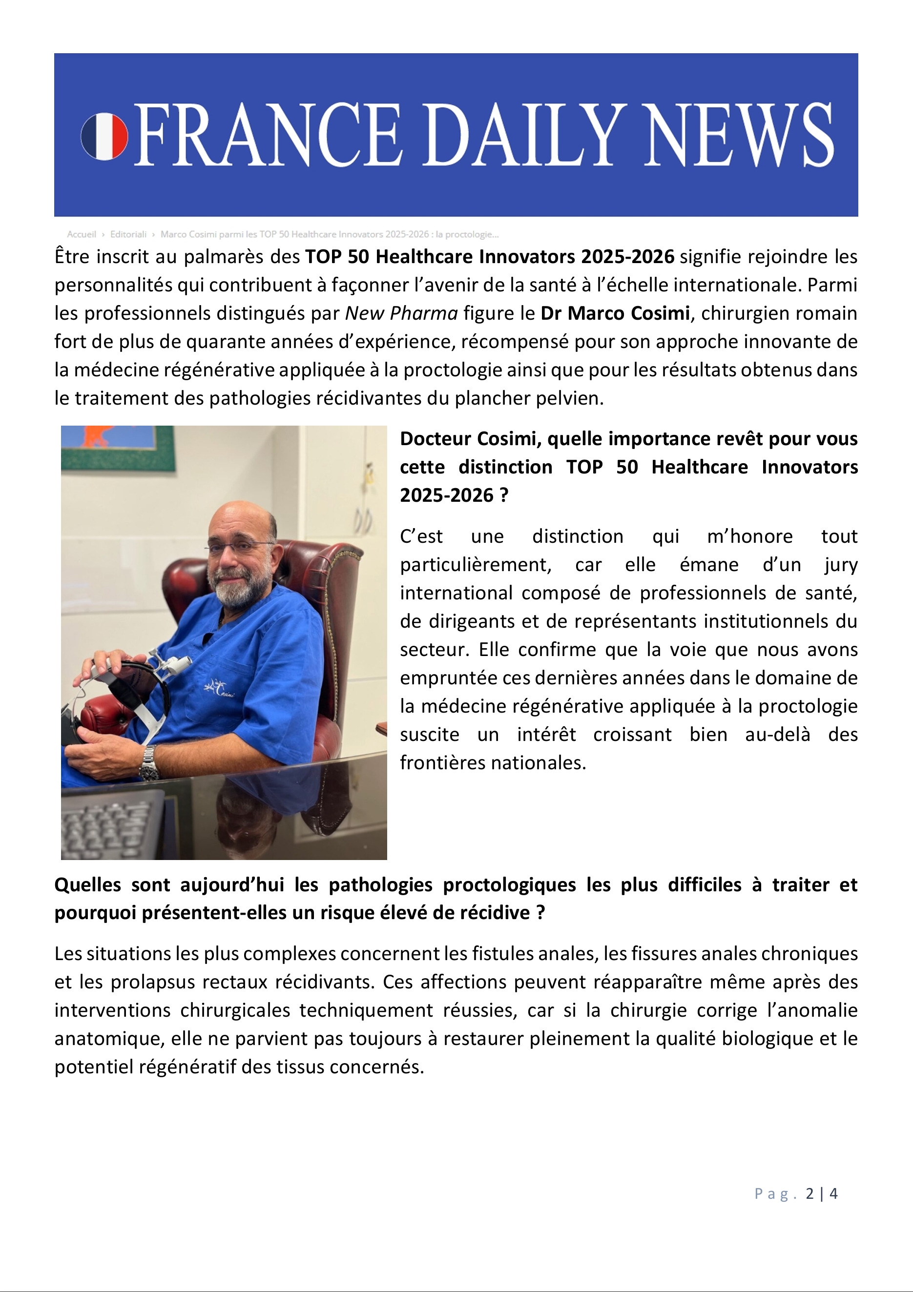 Marco Cosimi parmi les TOP 50 Healthcare Innovators 2025-2026 : la proctologie régénérative qui repousse les limites des récidives 2di4