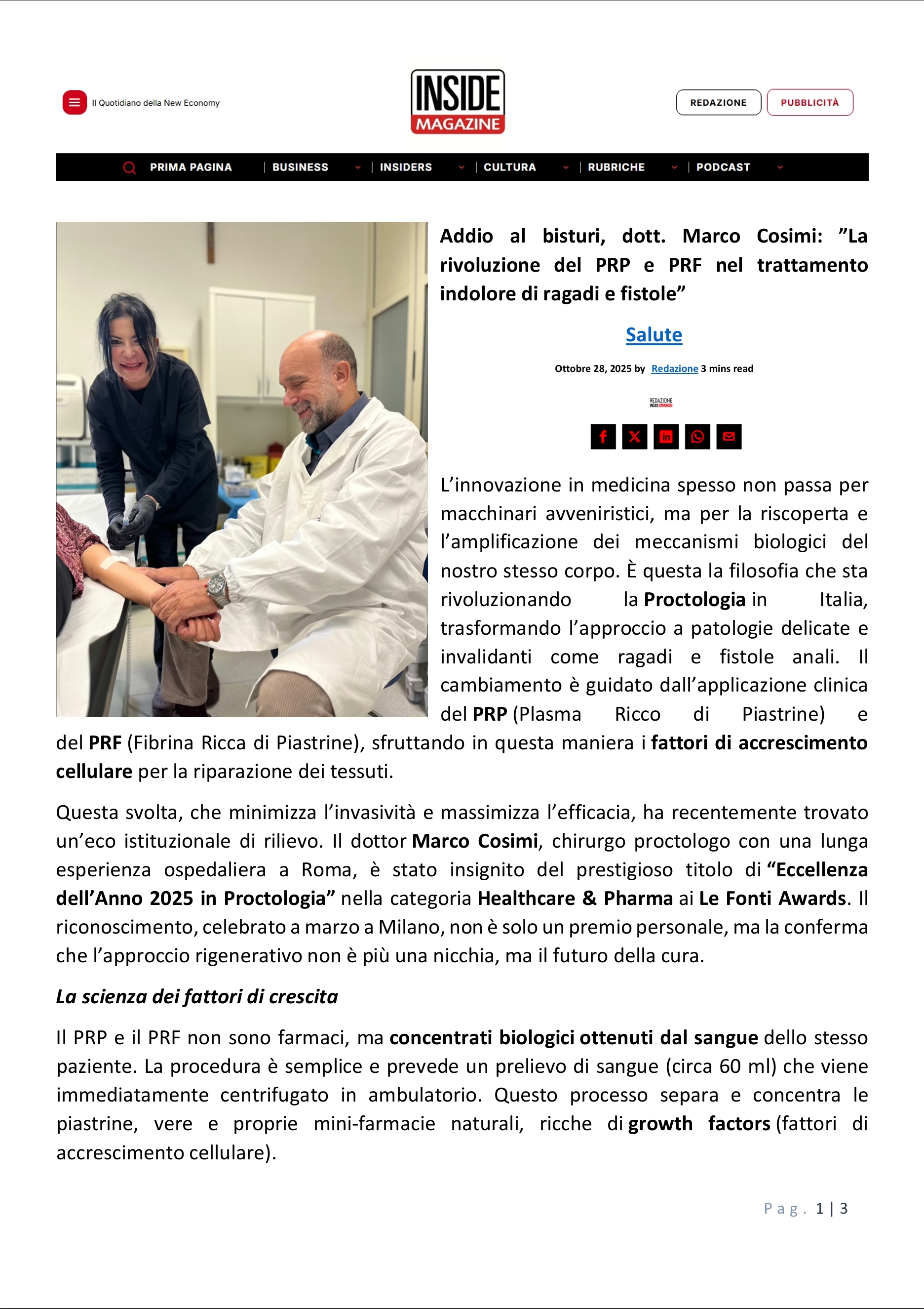 Addio al bisturi, dott. Marco Cosimi: ”La rivoluzione del PRP e PRF nel trattamento indolore di ragadi e fistole" 1di3
